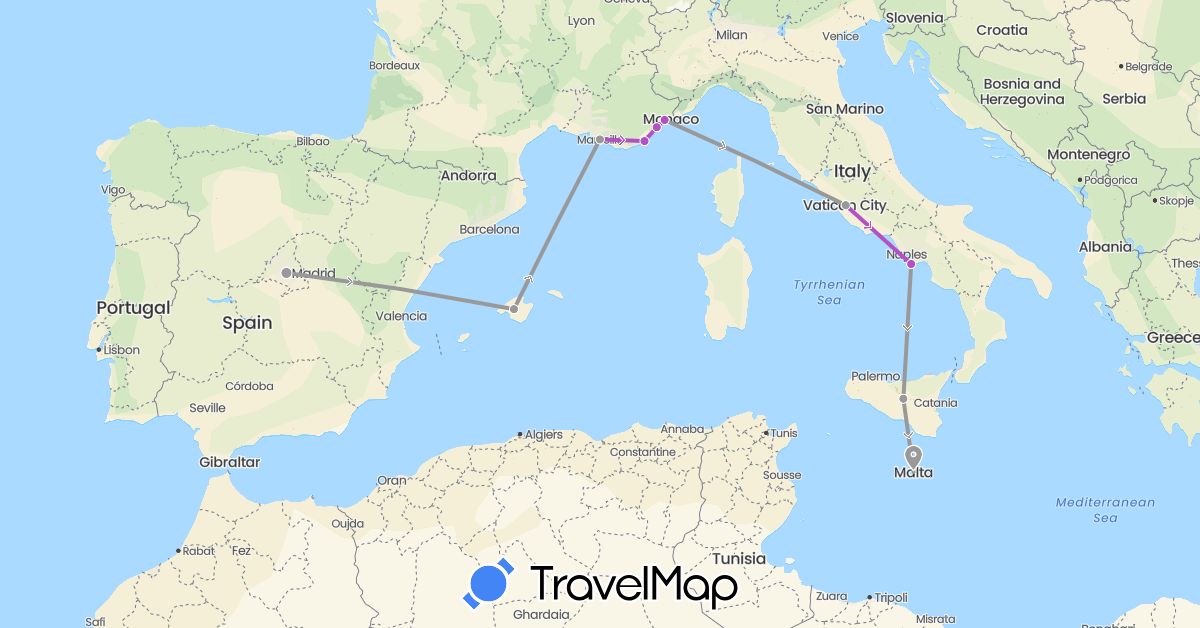 TravelMap itinerary: driving, plane, train in Spain, France, Italy, Malta (Europe)